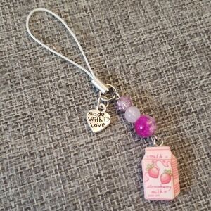 Strawberry Milk Phone Charm with Heart Pendant
